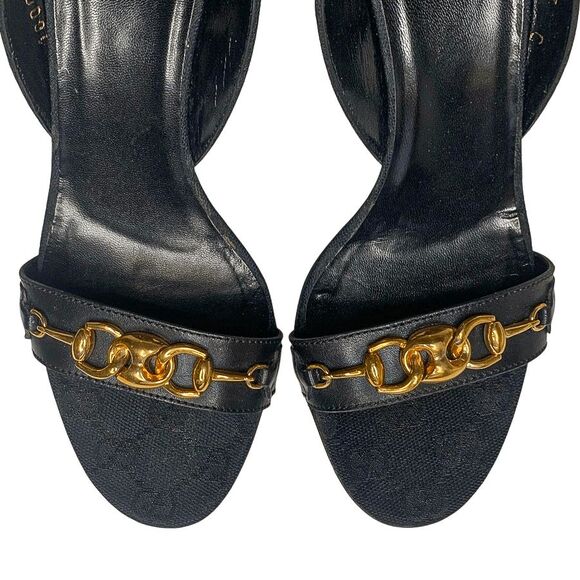 Gucci Black Monogram D’Orsay Heels Size 37C Gold Horsebit Chain Detail Authentic - Picture 4 of 12